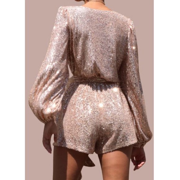 Champagne Sequin Romper Puff Balloon Sleeve Mini Dress Jumpsuit Club Party Glam - Picture 3 of 3